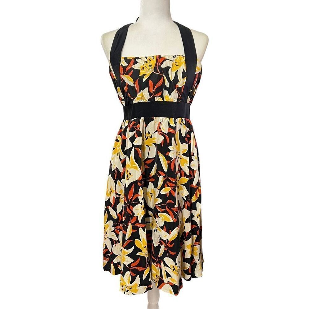 Moulinette Soeurs Black & Yellow Silk Floral Print Halter Neck A-Line Dress Smal
